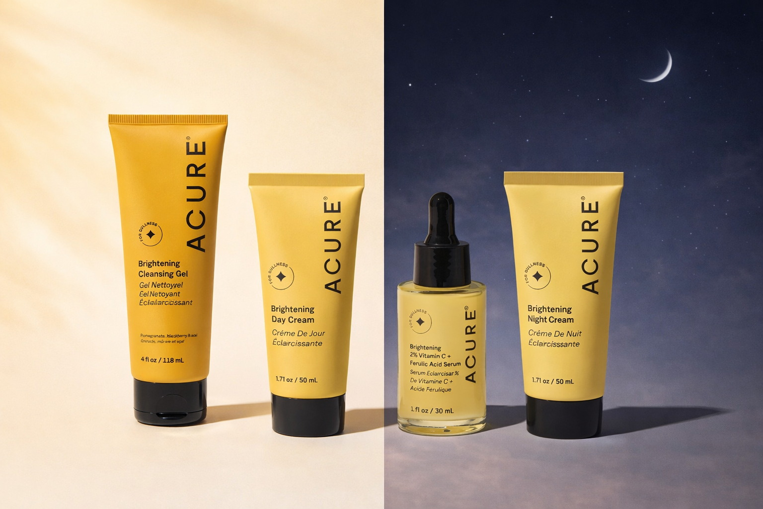 Acure skincare routine products including cleansing gel vitamin C serum day cream and night cream