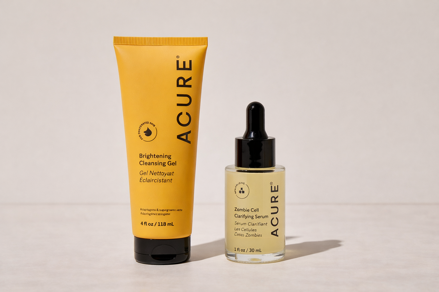 Acure brightening cleansing gel and zombie cell clarifying serum for oily skin routine