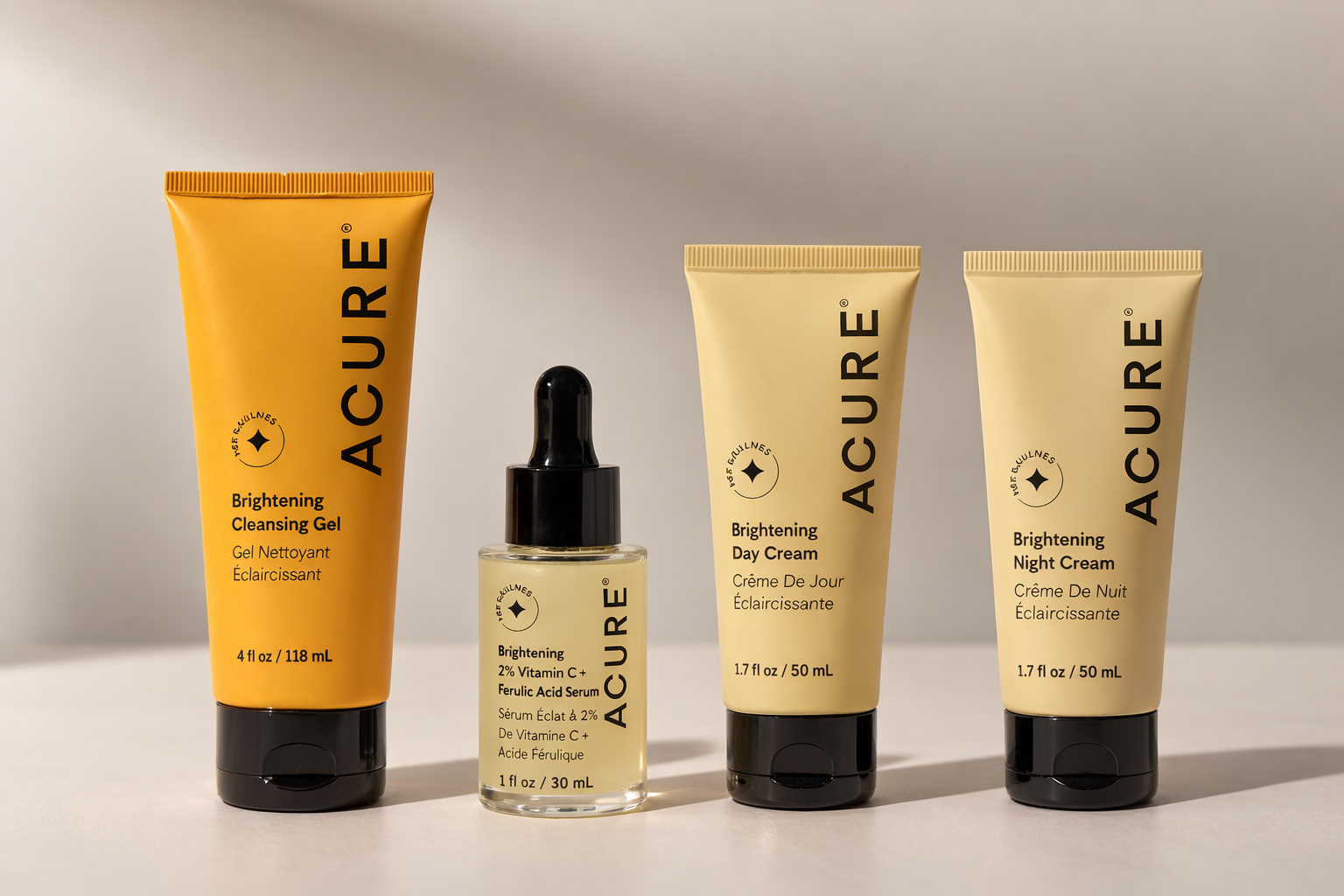 Acure skincare routine products including cleansing gel serum day cream and night cream blog banner