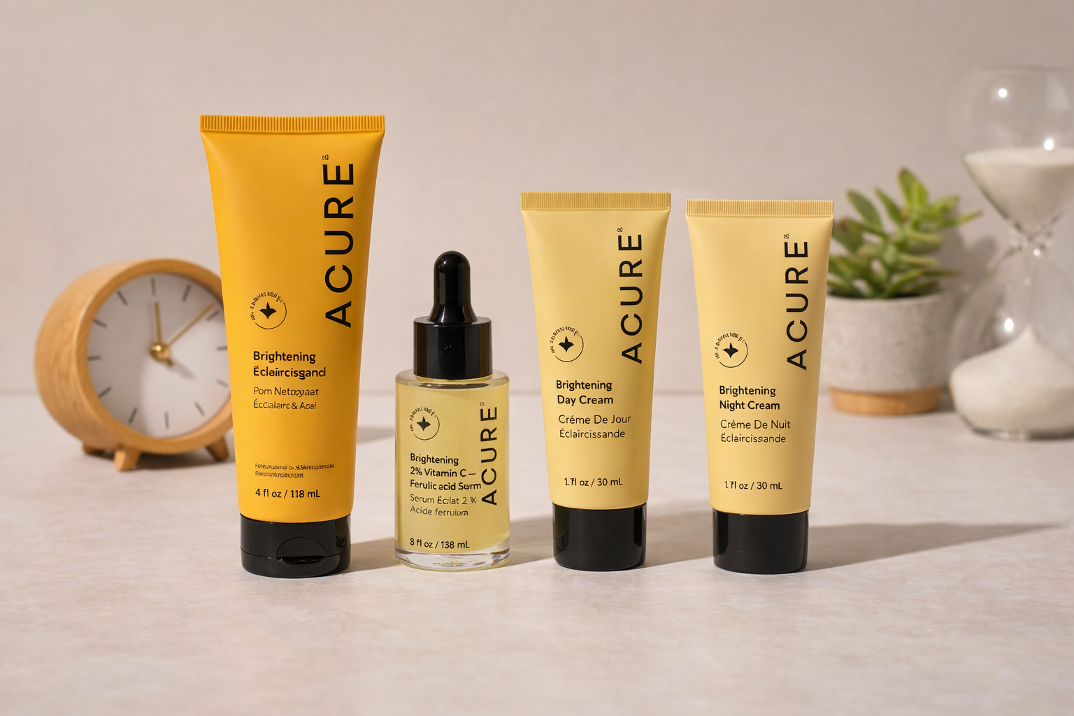 Acure skincare products including brightening cleansing gel vitamin C serum day cream and night cream blog banner