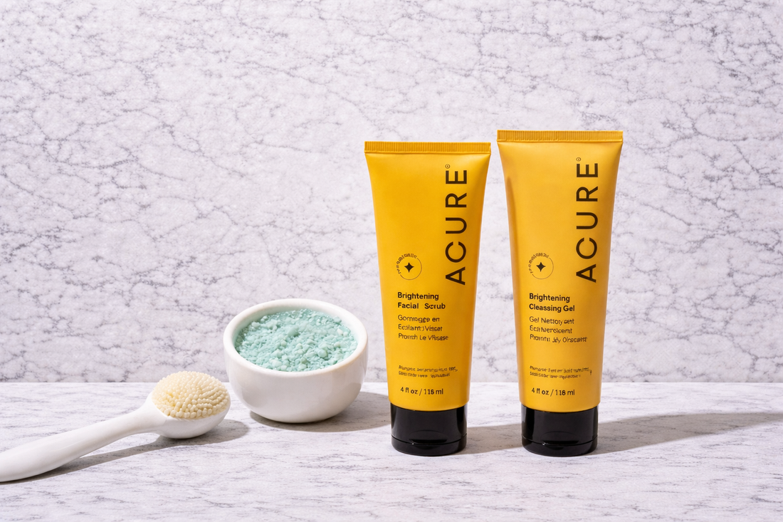 Acure brightening facial scrub and cleansing gel blog banner image