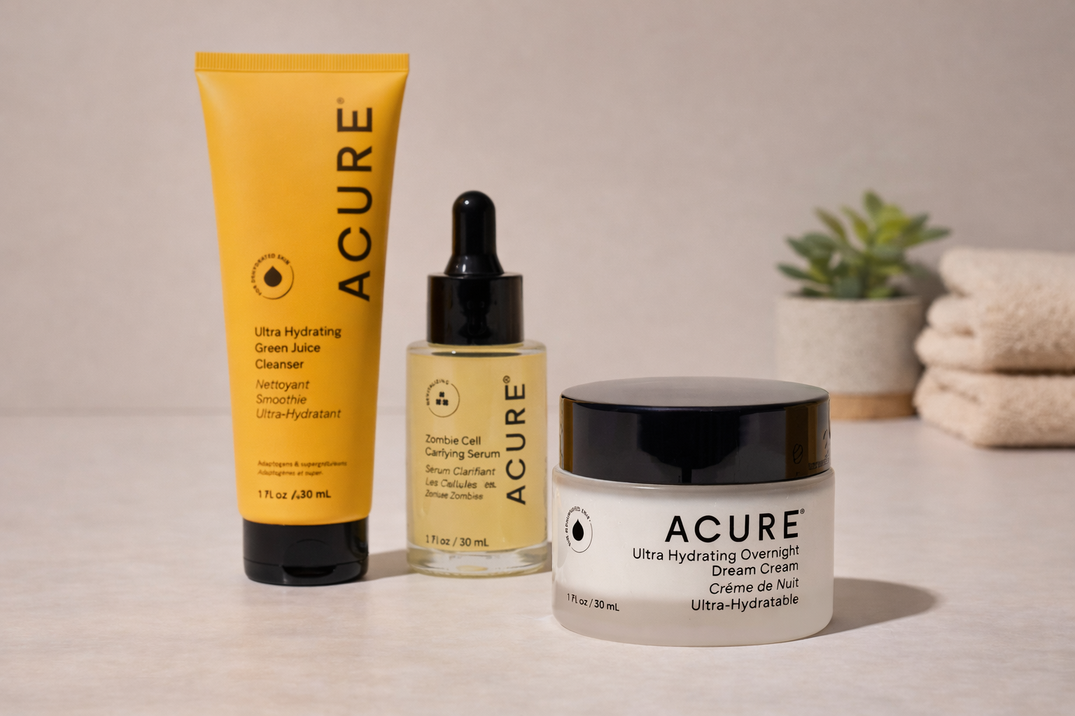 Acure ultra hydrating skincare products including green juice cleanser clarifying serum and overnight dream cream