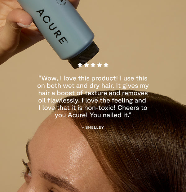 Person using Acure hair product with a five-star rating and review on a beige background