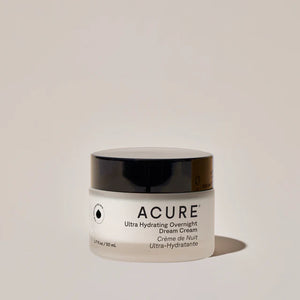Acure Ultra Hydrating Overnight Cream jar on a beige background
