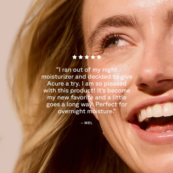 Close-up of a woman's face with a product review text overlay on a beige background