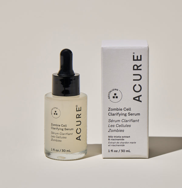 Acure Zombie Cell Clarifying Serum bottle and packaging on a light background